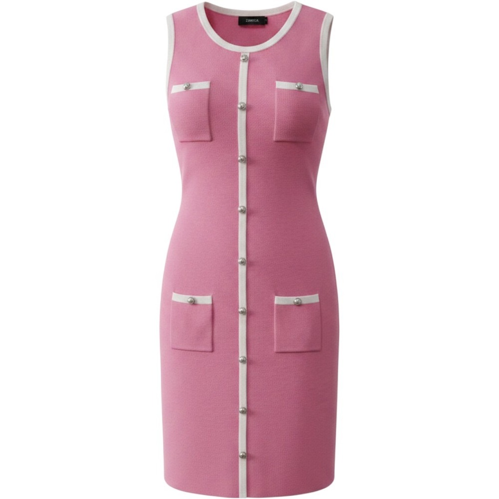Zesica Womens Pink Knit Sleeveless Mini Dress Pearl Buttons White Trim Small